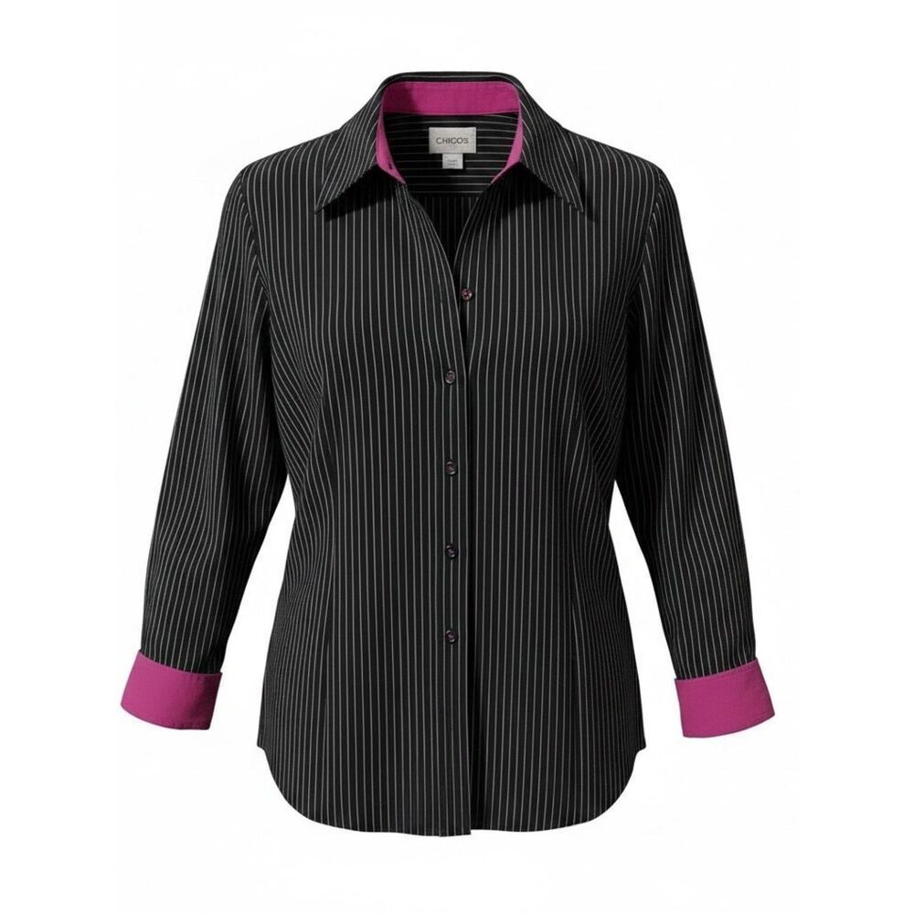 Chico's Button-Up Shirt Womens Size M Black White Pinstripe Pink Accent LS